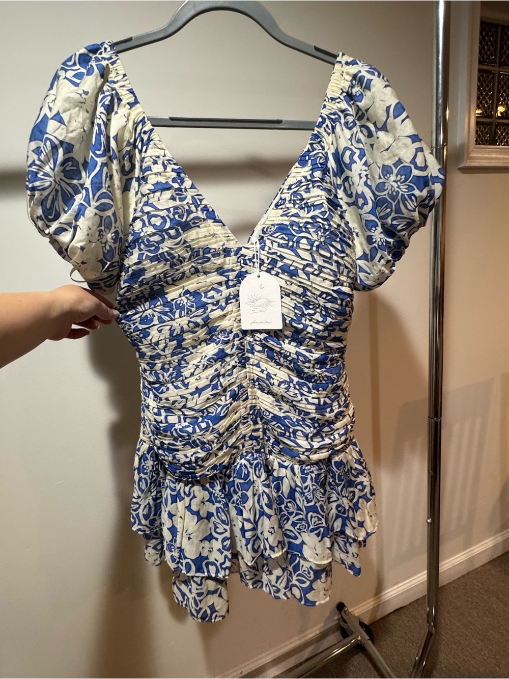 NWT Fortunate One Ruched Floral Mini Dress in Blue and Cream
